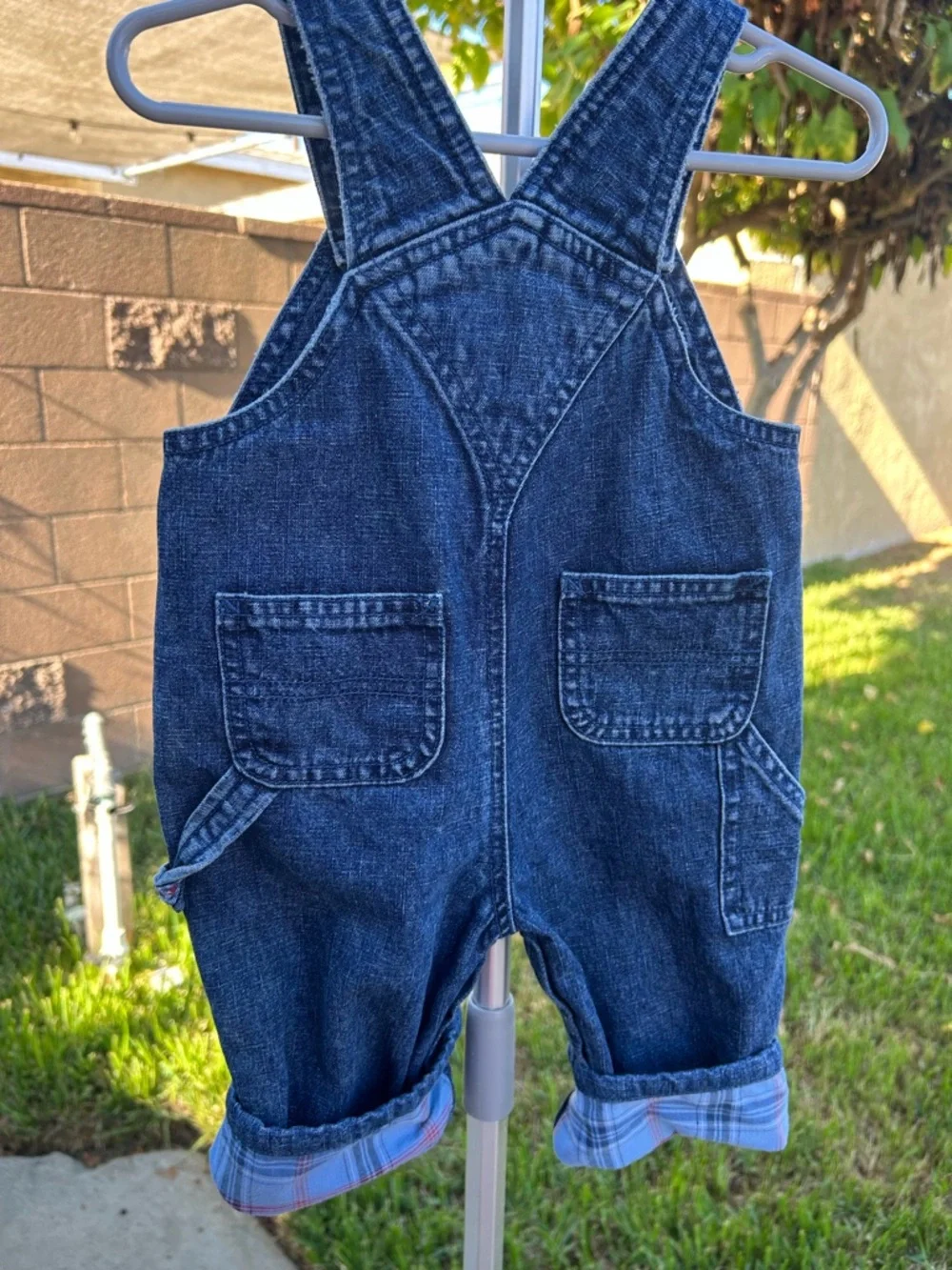 The Children's Place Dark Blue Denim Overalls with Plaid Cuffs